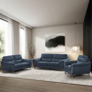 Juego de sala de estar de 3 piezas en cuero de grano superior Blue Cadence