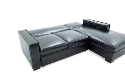 Playmax Black Leather 2 Piece Right Arm Facing Storage Chaise Sectional with Pop-Up Sleeper
