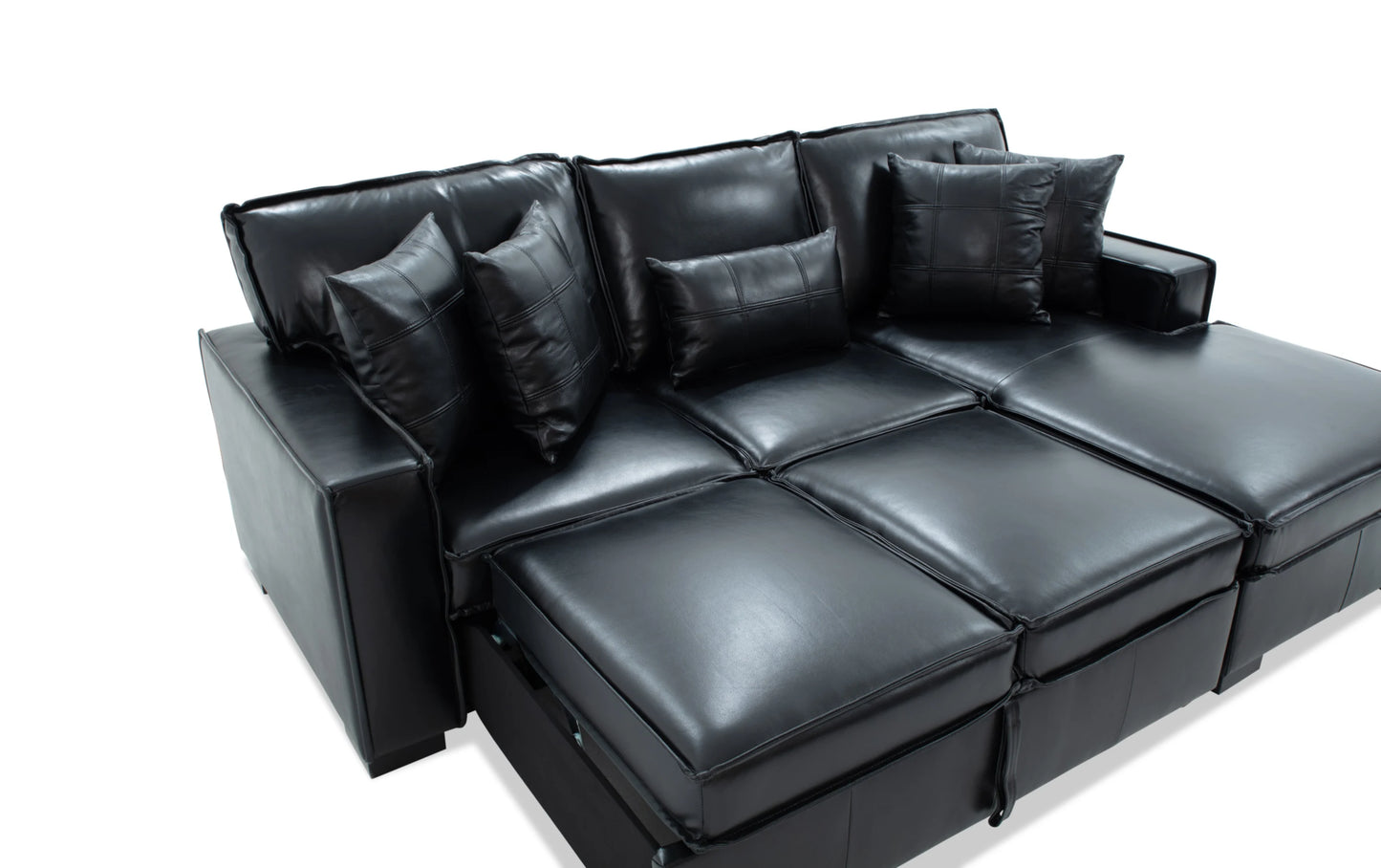 Playmax Black Leather 2 Piece Right Arm Facing Storage Chaise Sectional with Pop-Up Sleeper