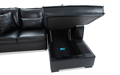 Playmax Black Leather 2 Piece Right Arm Facing Storage Chaise Sectional with Pop-Up Sleeper