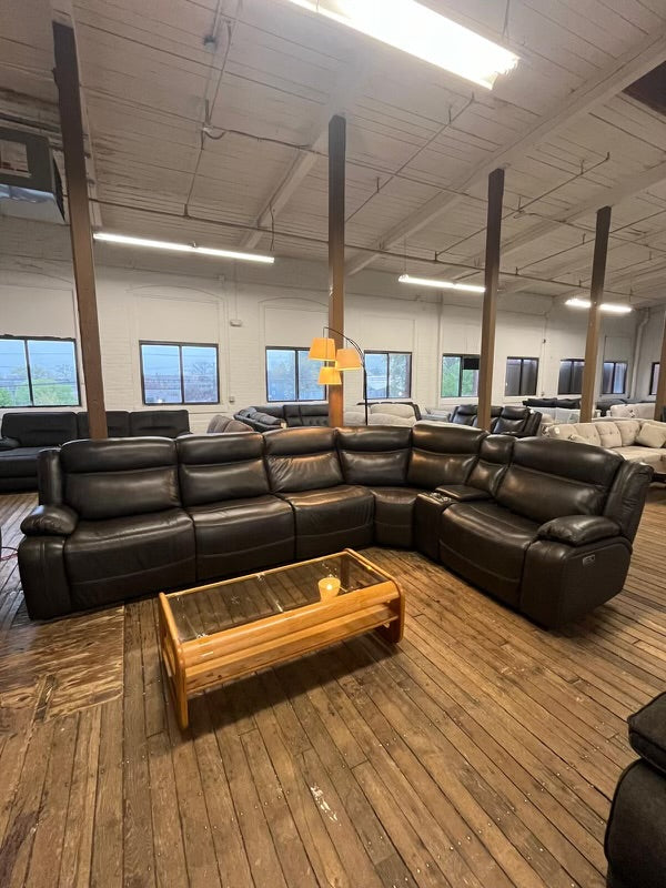 Trailblazer Gray Leather Power Reclining Sectional with Power Headrest