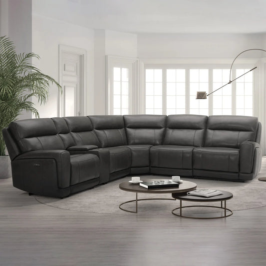 Lauretta Charcoal Leather Power Reclining Sectional with Power Headrests