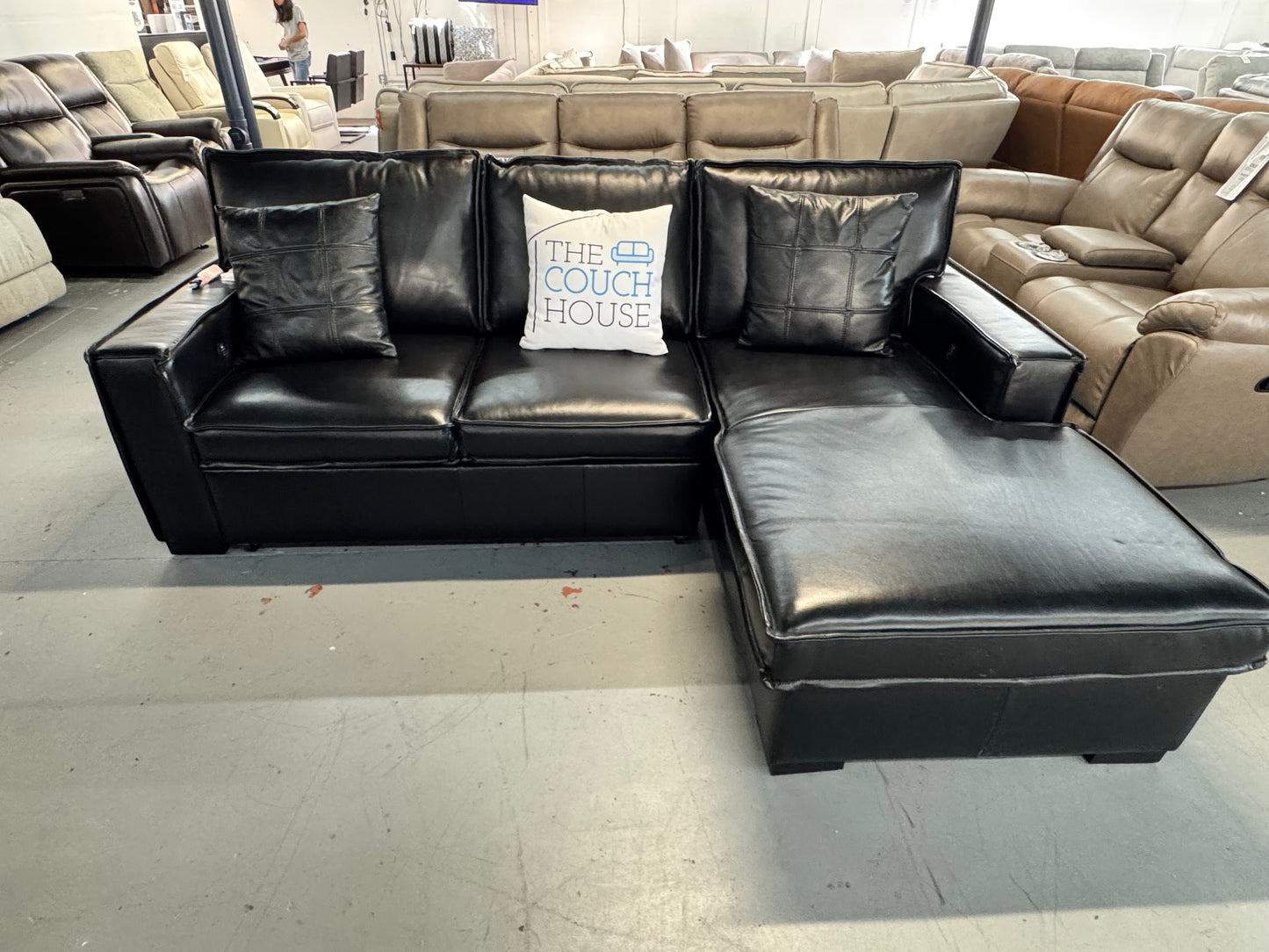 Playmax Black Leather 2 Piece Right Arm Facing Storage Chaise Sectional with Pop-Up Sleeper