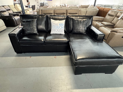 Playmax Black Leather 2 Piece Right Arm Facing Storage Chaise Sectional with Pop-Up Sleeper