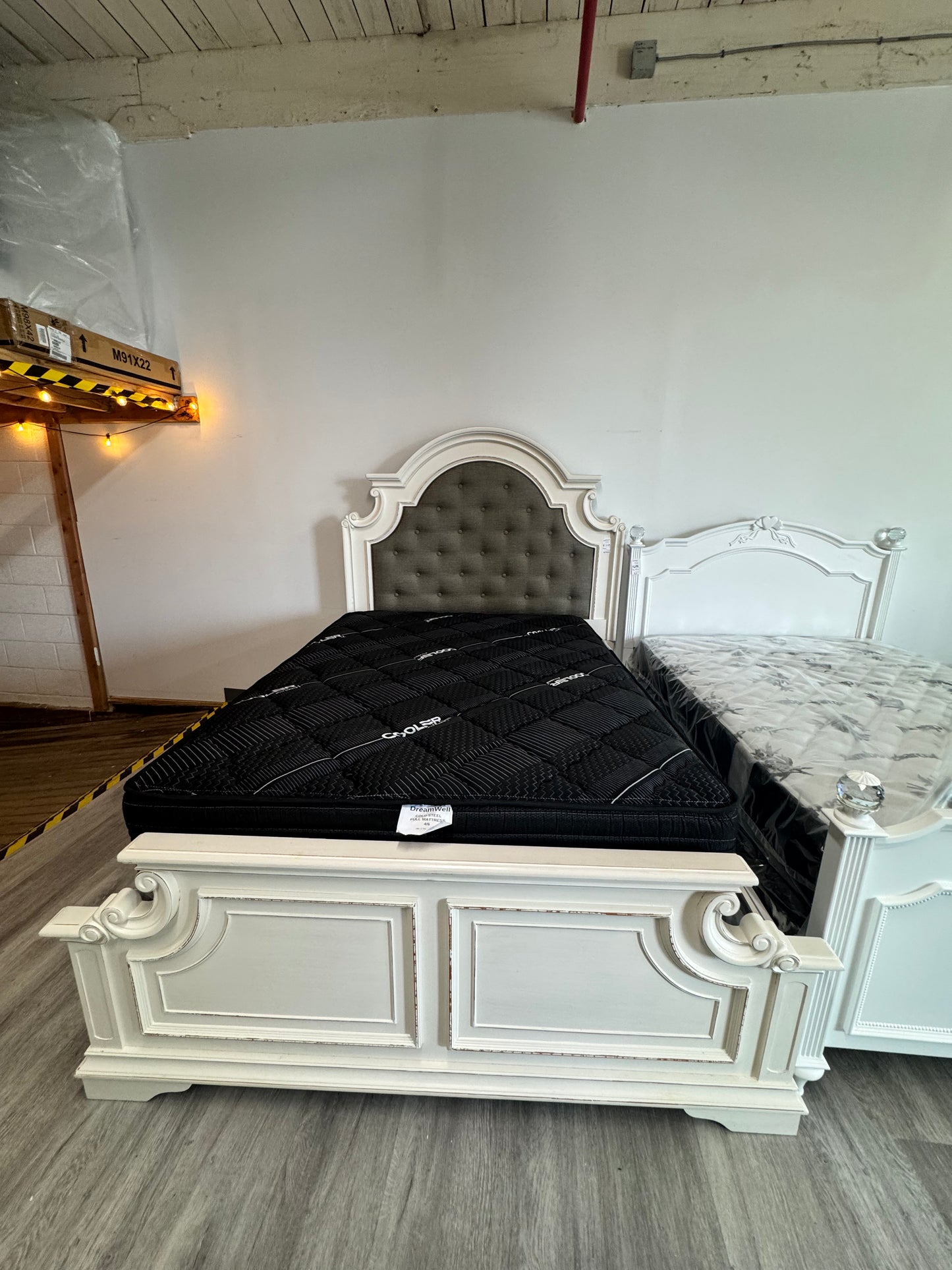 White with Upholstery Queen Bed Frame