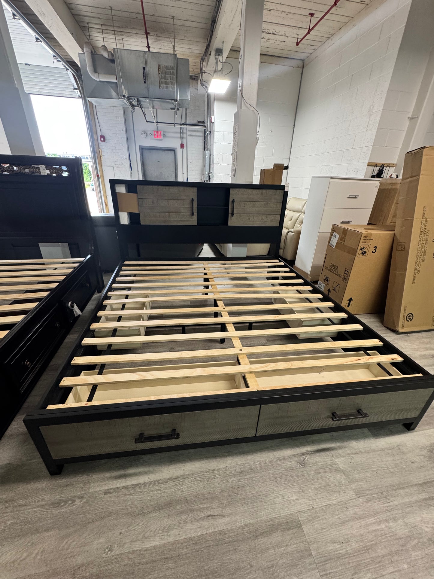 Black and Gray King Bed Frame with 4 Storage Drawers and Storage Headboard