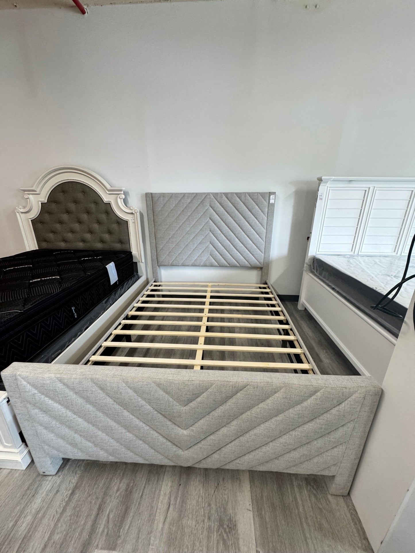 Gray Upholstered Queen Bed Frame