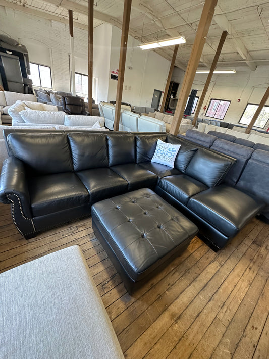 Black Faux Leather RAF Sectional with Ottoman