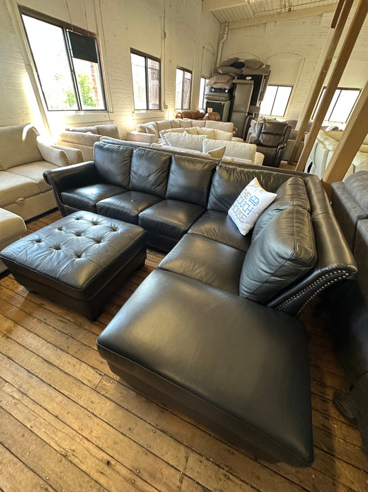 Black Faux Leather RAF Sectional with Ottoman