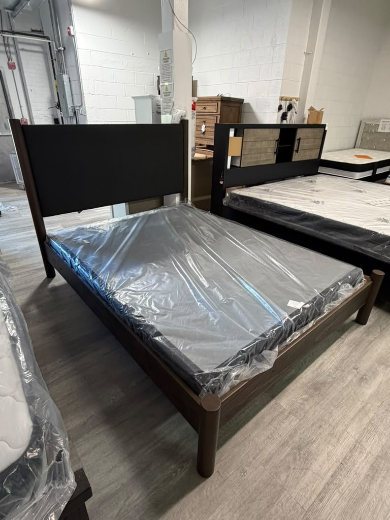 Dark Wood with Black - Queen Bed Frame
